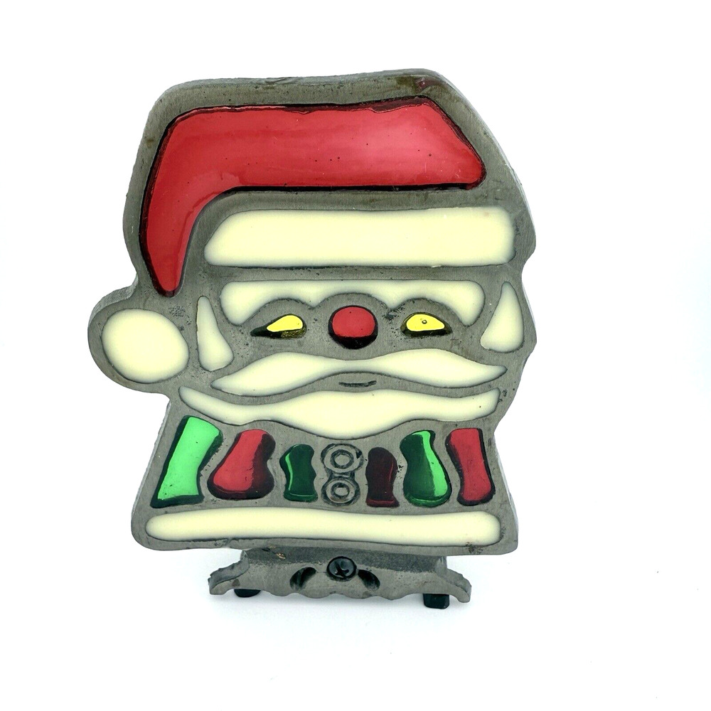 Vintage Cast Iron Stained Glass Santa Claus Christmas Votive Candle Holder 6 in